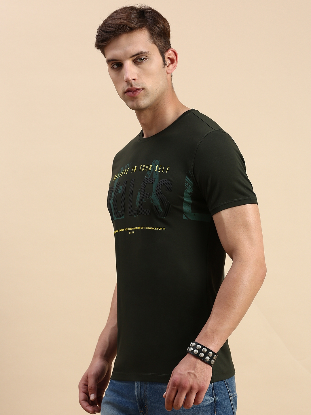 Showoff | SHOWOFF Men's Round Neck Short Sleeves Typography Olive Slim Fit T-Shirt 2