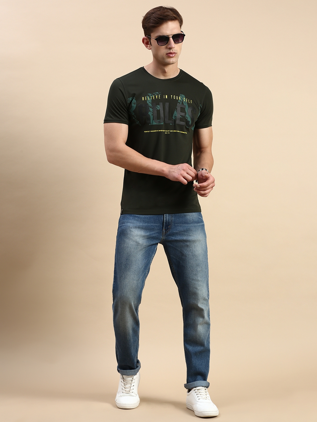 Showoff | SHOWOFF Men's Round Neck Short Sleeves Typography Olive Slim Fit T-Shirt 4