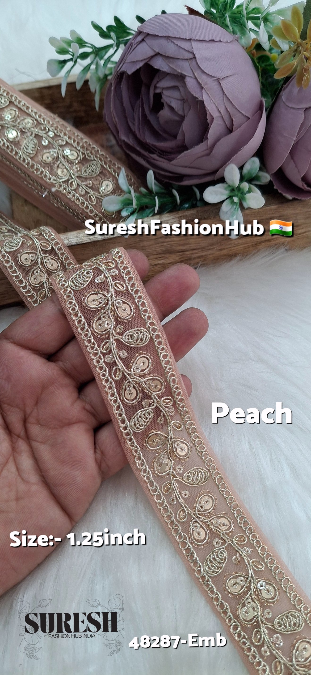 Peach Pearl Dori Zari Embroidery Border Lace