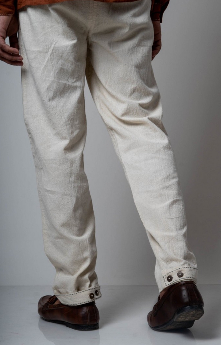 Men's Beige Cotton Solid Trouser