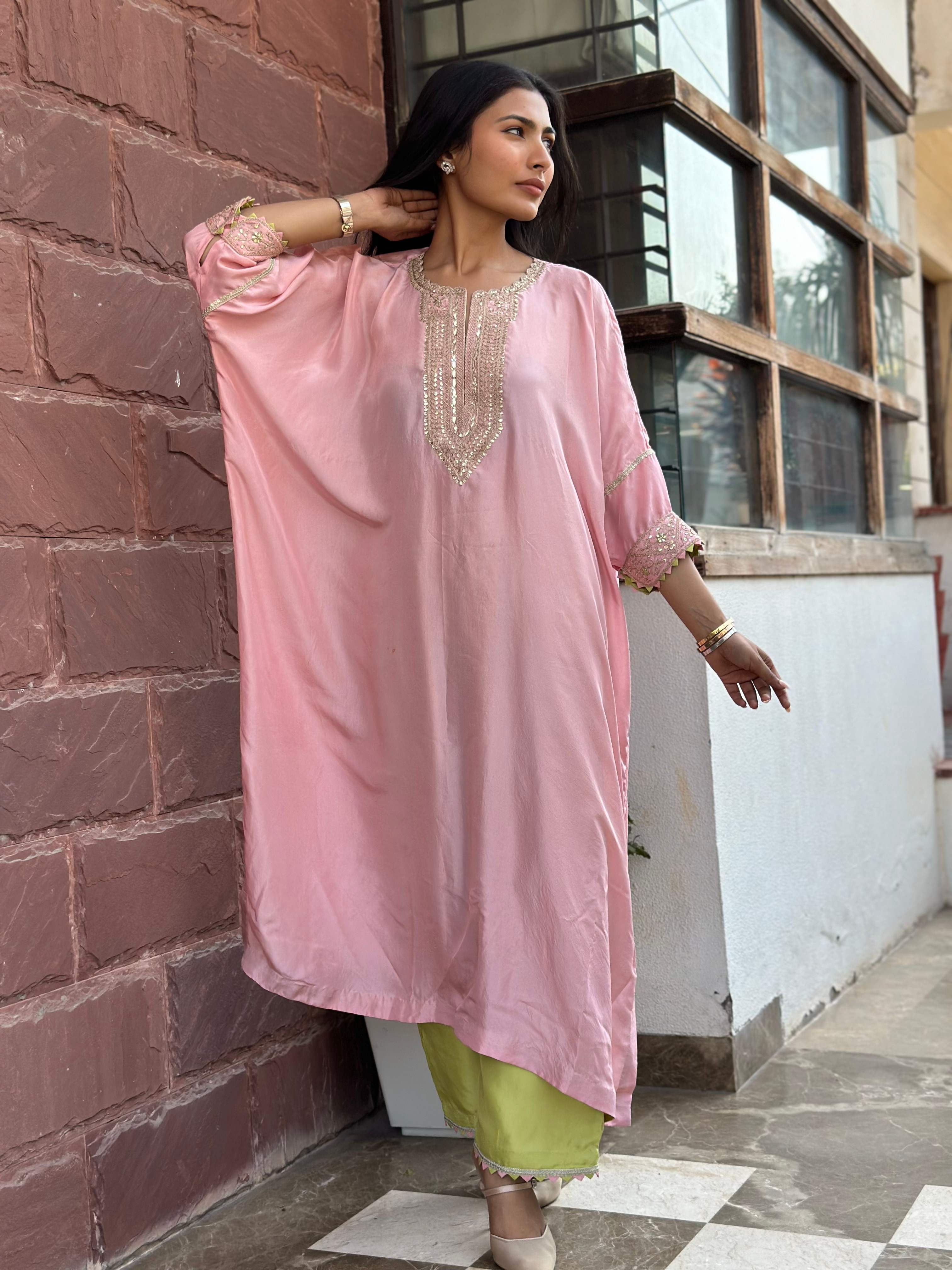 PINK-GREEN SILK HANDWORK KURTA SET