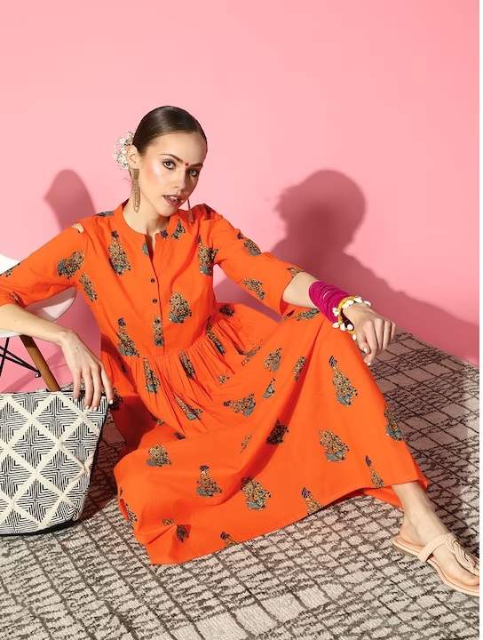 Orange Ethnic Motifs Ethnic A-Line Pure Cotton Midi Dress