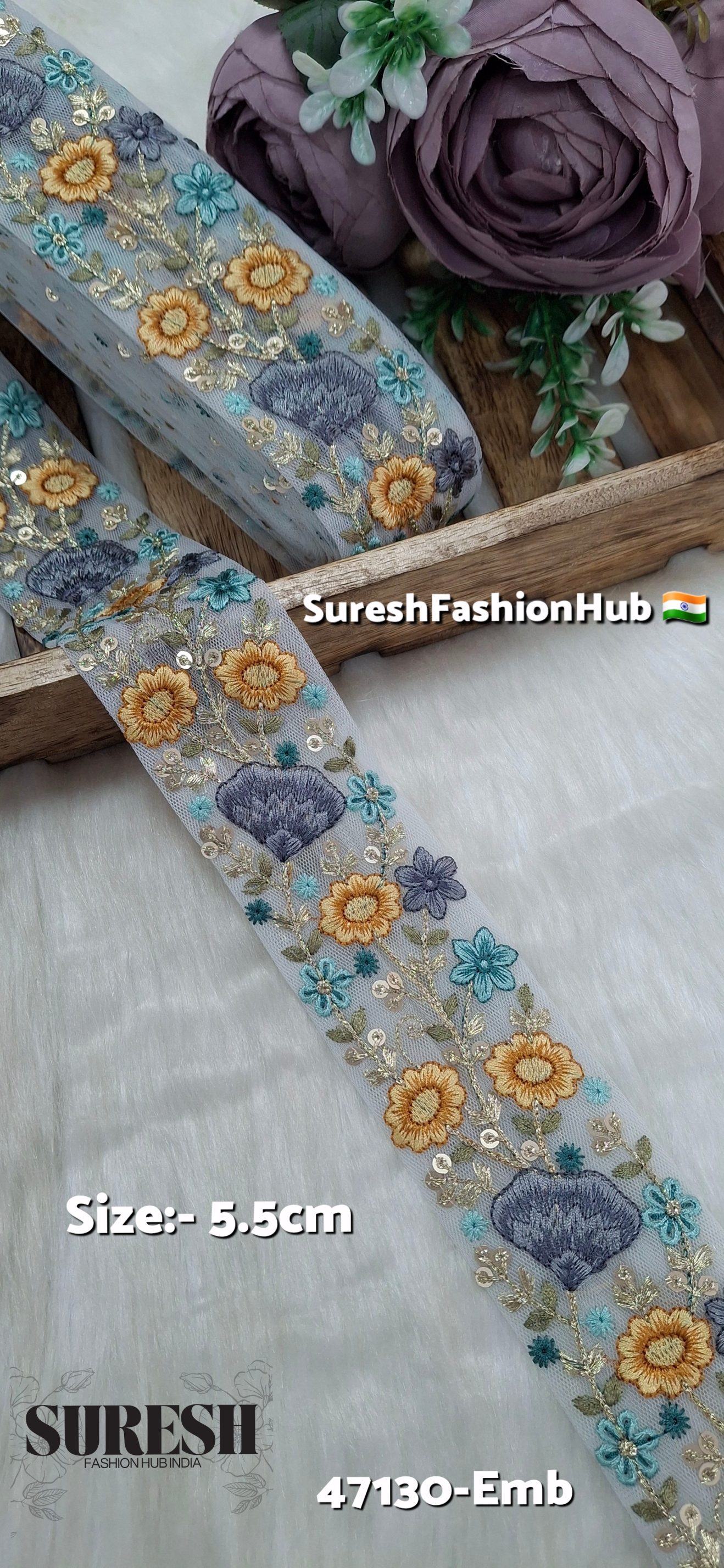 Offwhite Net Multi-Thread Floral Embroidery Lace