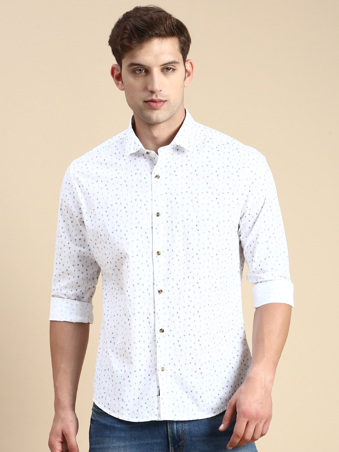 Showoff | SHOWOFF Men's Spread Collar White Slim Fit Printed Shirt 1