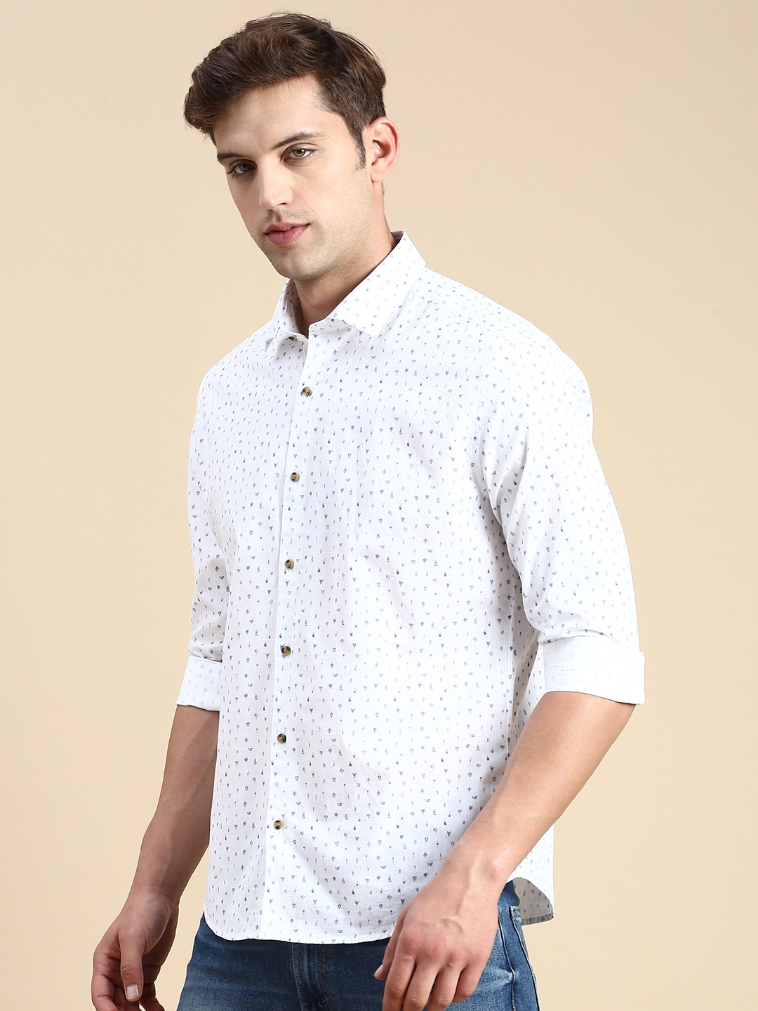 Showoff | SHOWOFF Men's Spread Collar White Slim Fit Printed Shirt 2