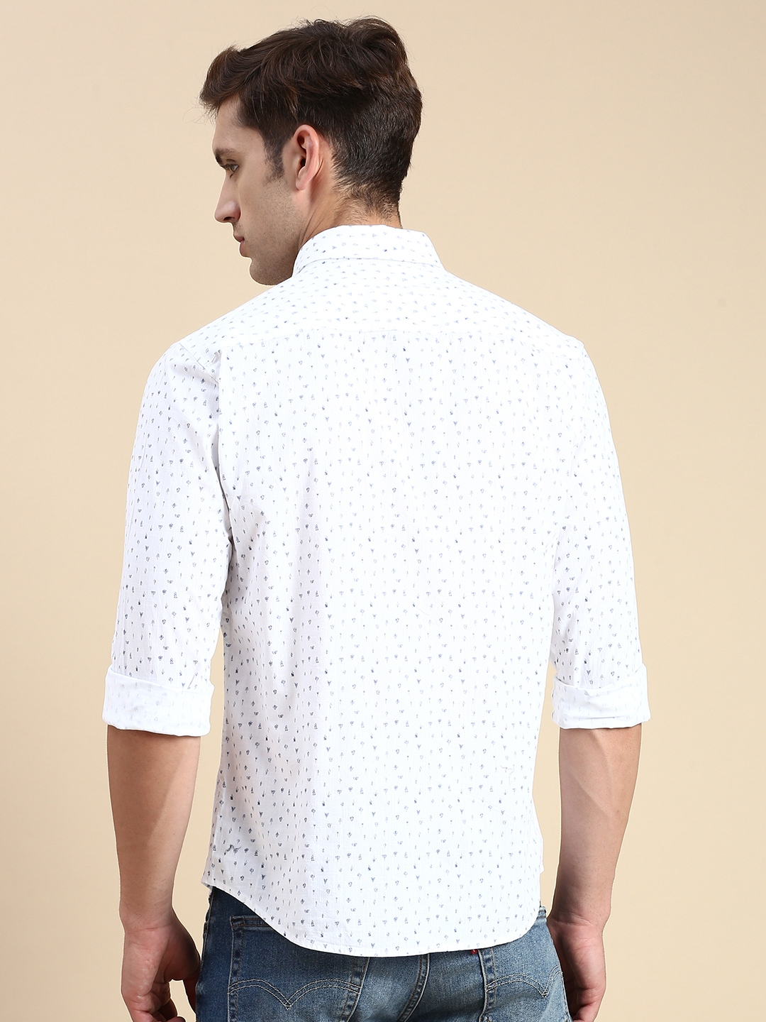 Showoff | SHOWOFF Men's Spread Collar White Slim Fit Printed Shirt 3