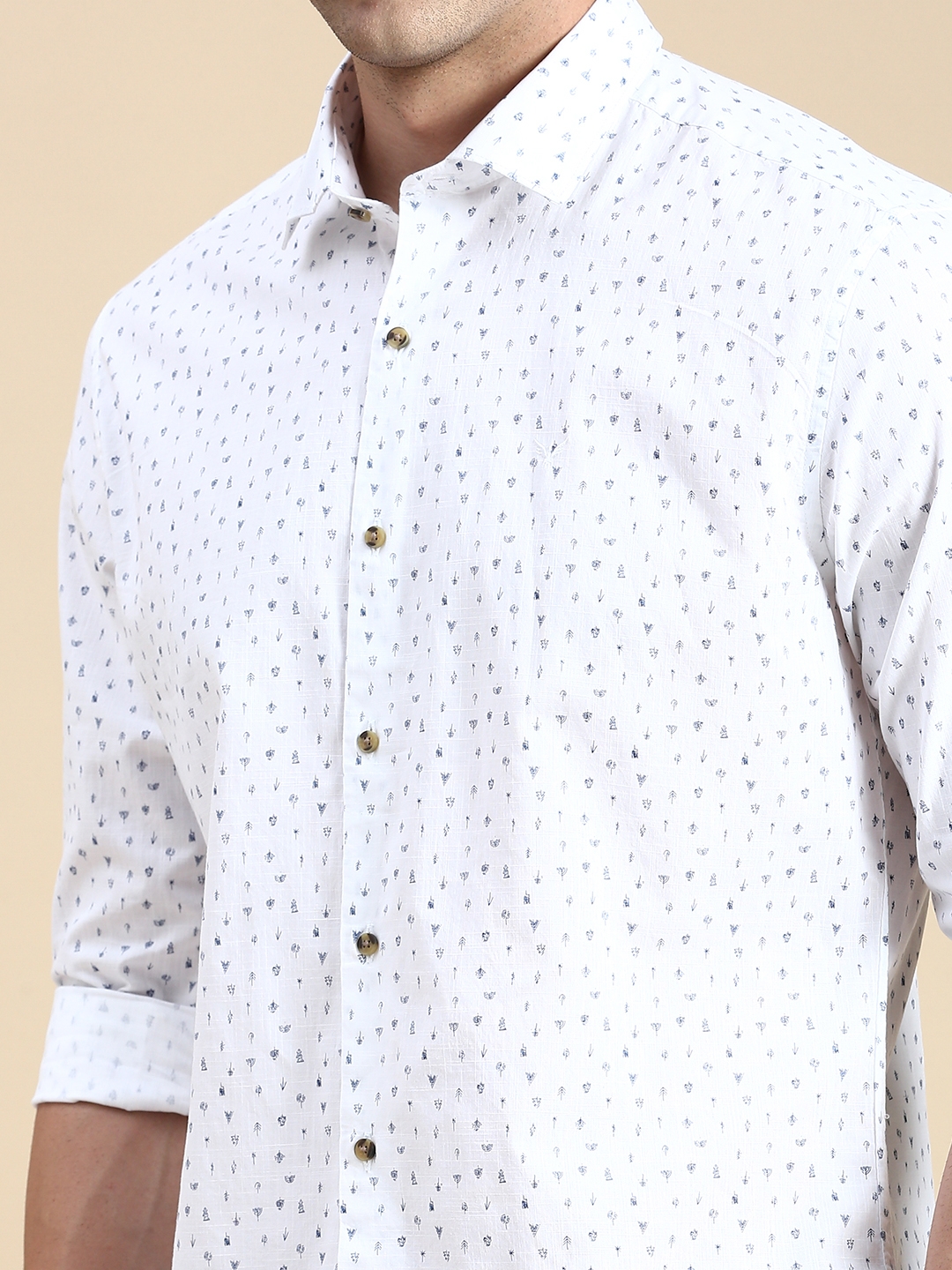 Showoff | SHOWOFF Men's Spread Collar White Slim Fit Printed Shirt 5
