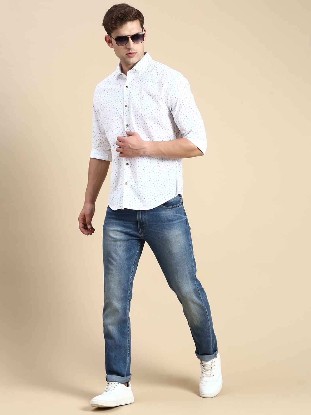 Showoff | SHOWOFF Men's Spread Collar White Slim Fit Printed Shirt 4