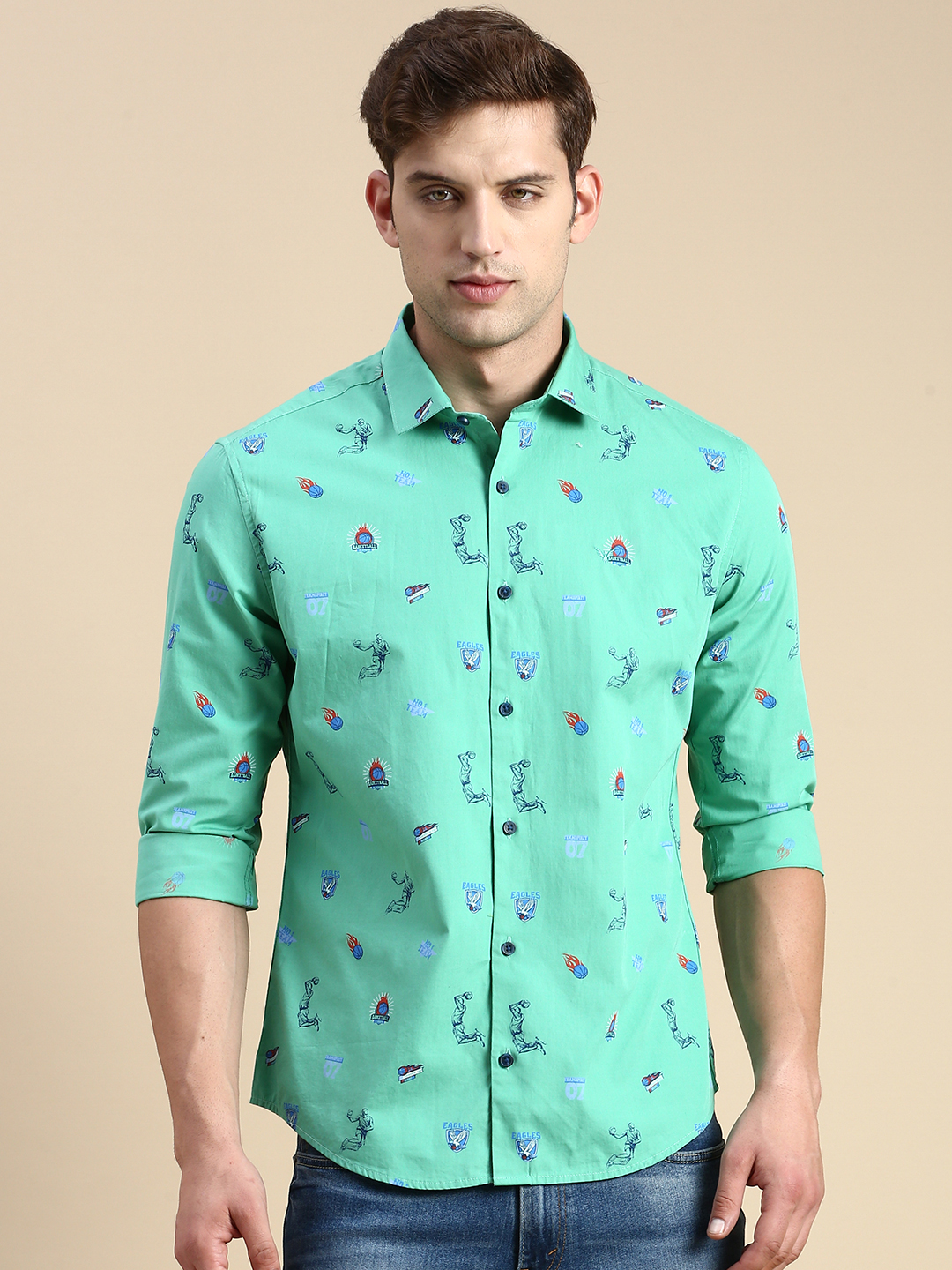SHOWOFF Men's Spread Collar Green Slim Fit Printed Shirt