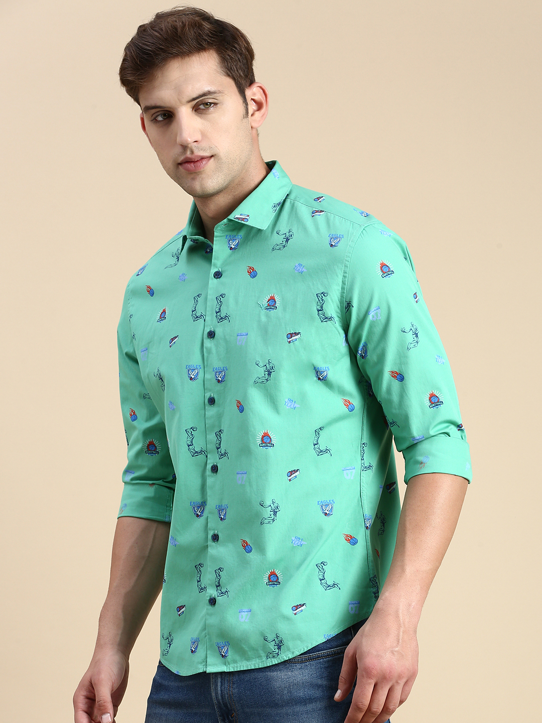SHOWOFF Men's Spread Collar Green Slim Fit Printed Shirt