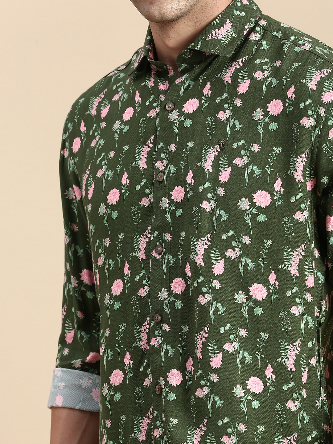 Showoff | SHOWOFF Men's Spread Collar Olive Slim Fit Printed Shirt 5