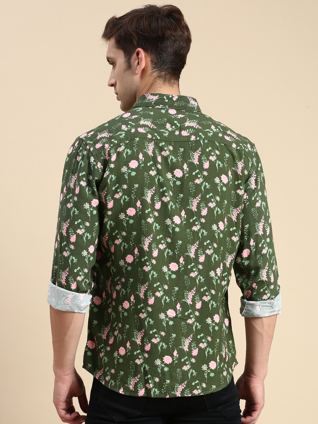 Showoff | SHOWOFF Men's Spread Collar Olive Slim Fit Printed Shirt 3