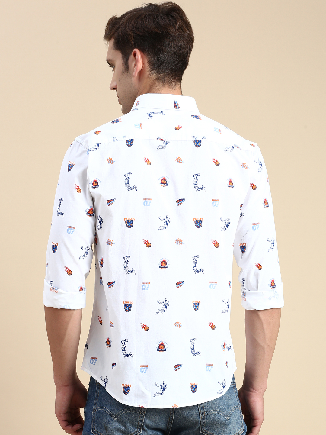 SHOWOFF Men's Spread Collar White Slim Fit Printed Shirt