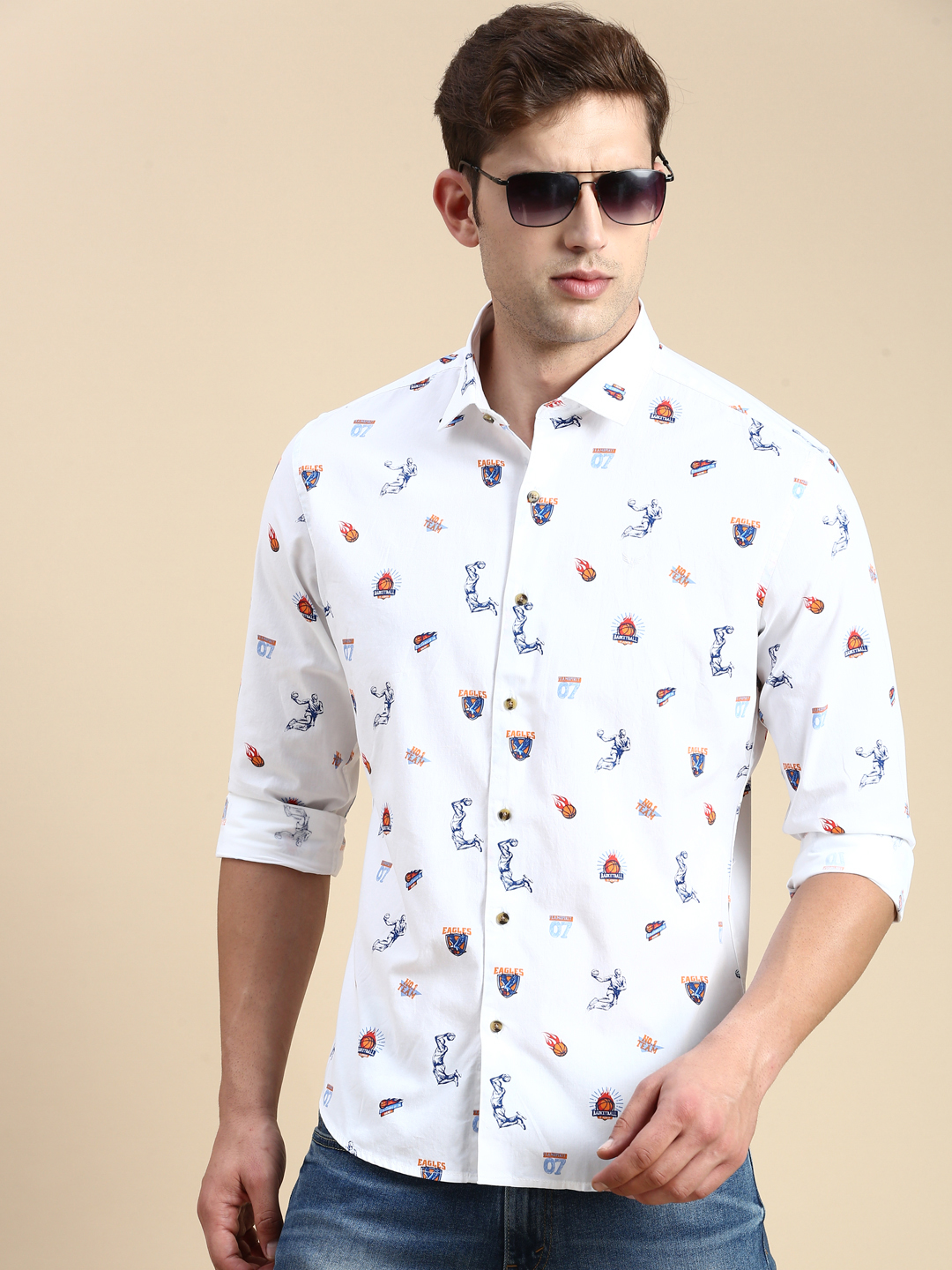 SHOWOFF Men's Spread Collar White Slim Fit Printed Shirt
