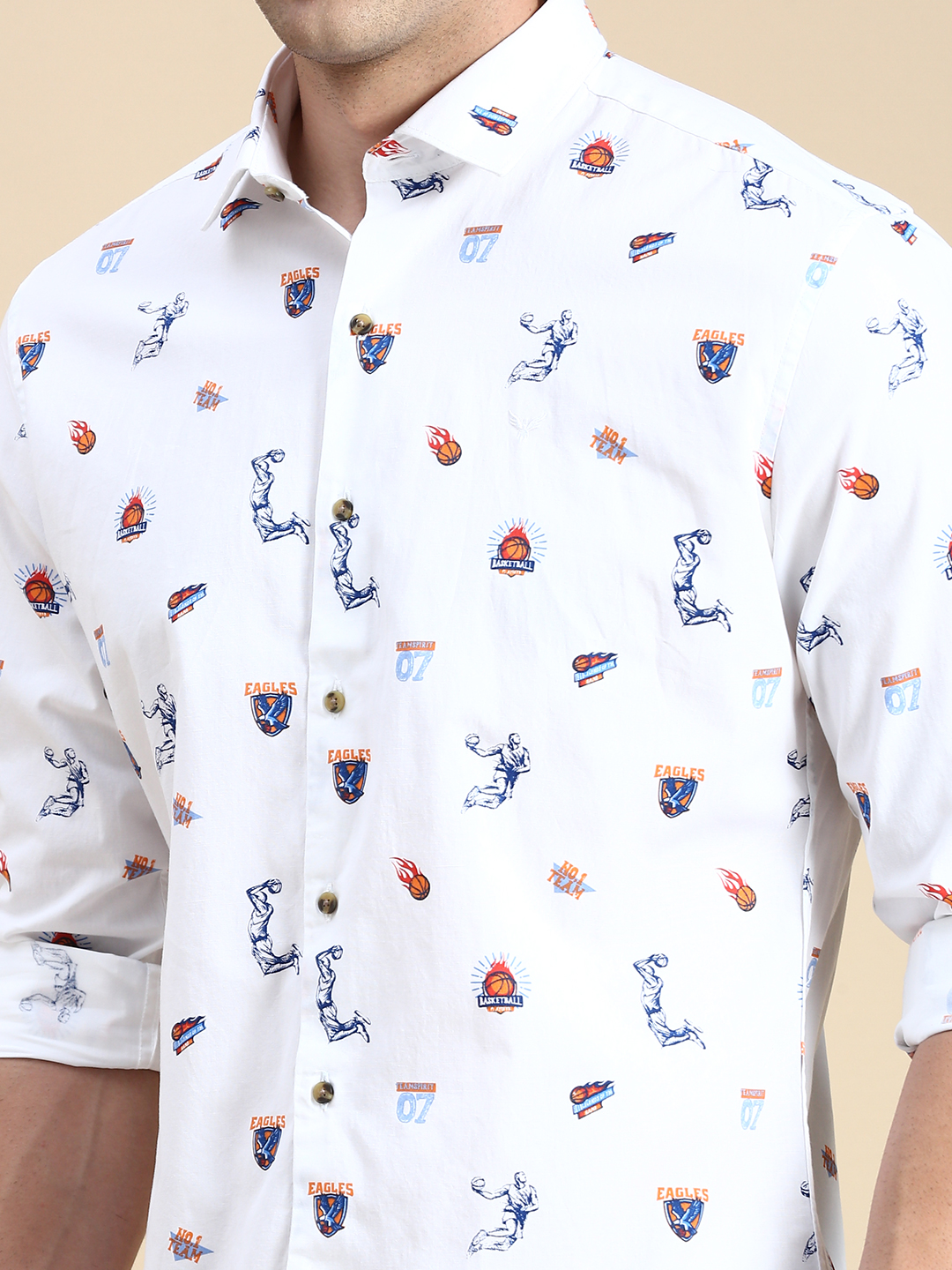 SHOWOFF Men's Spread Collar White Slim Fit Printed Shirt