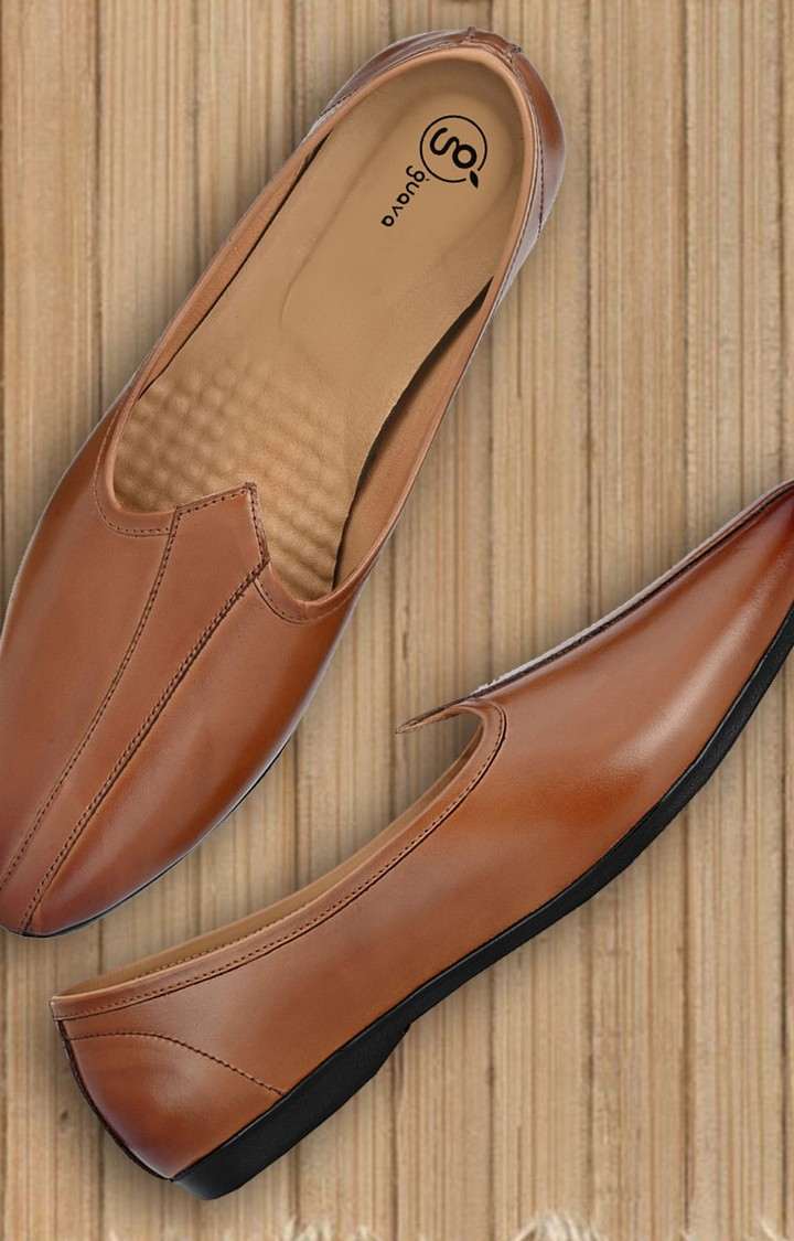 Guava Men's Genuine Leather Jalsa Ethnic Mojris Shoes - Tan