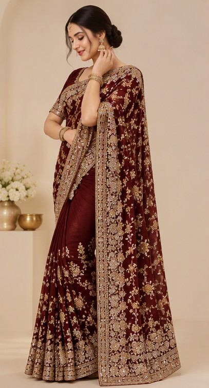 Yash Creation Women's Maroon Sequence Border Saree with Blouse Piece