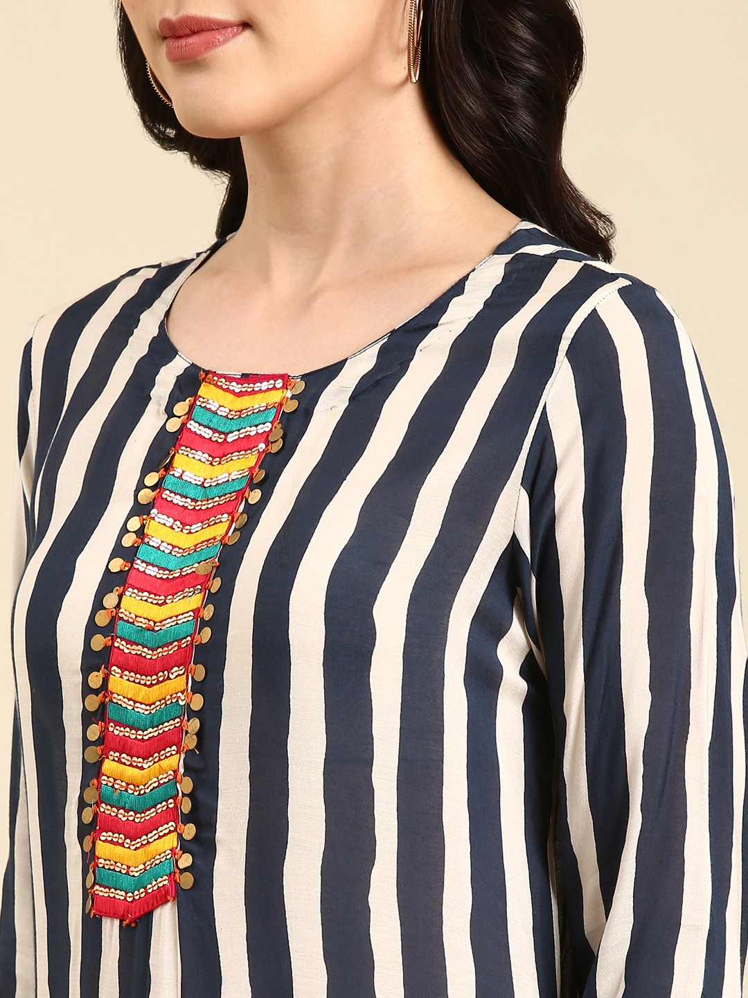 SHOWOFF Women's Mid Length Striped Straight Navy Blue Kurta
