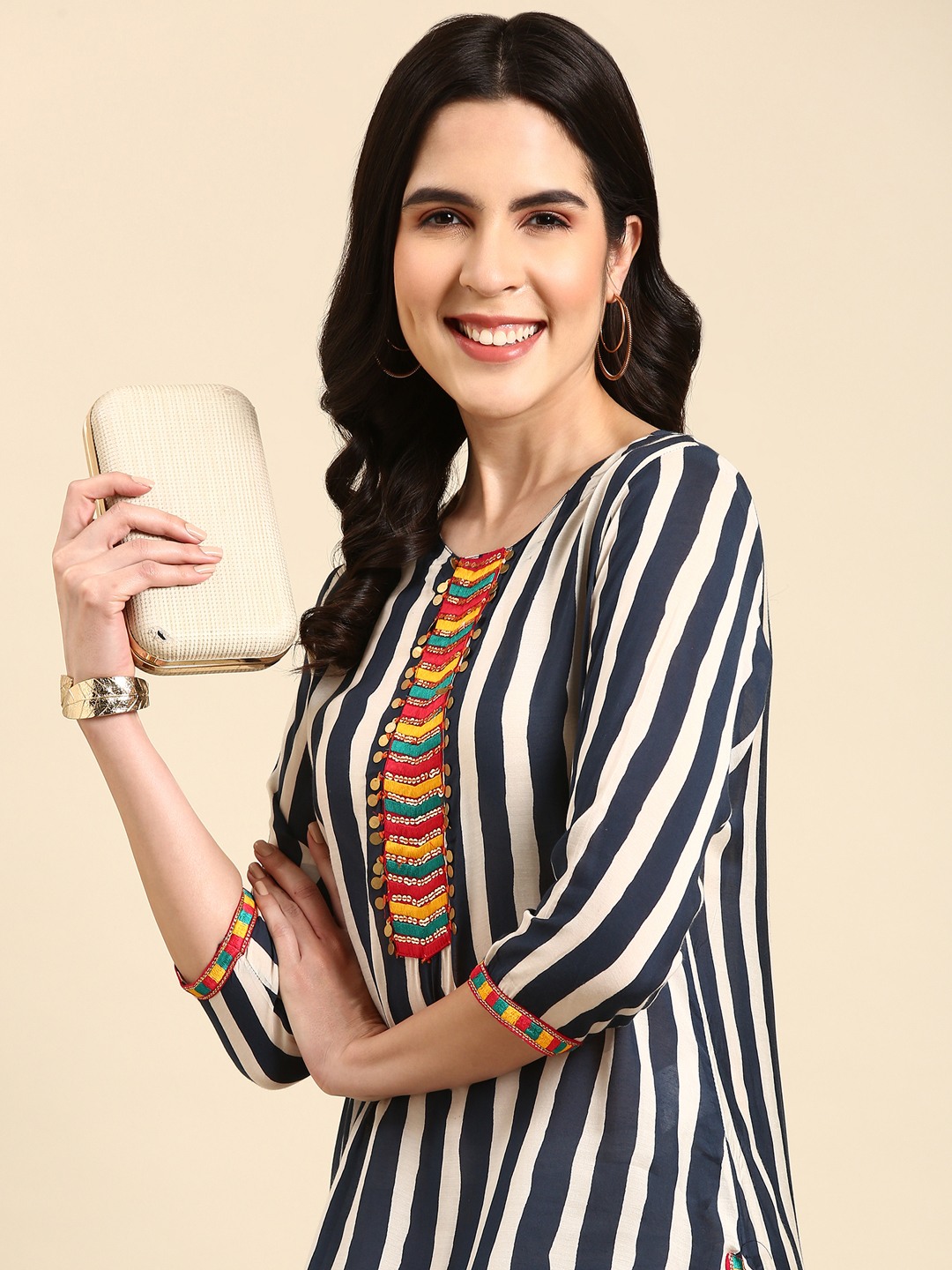 SHOWOFF Women's Mid Length Striped Straight Navy Blue Kurta
