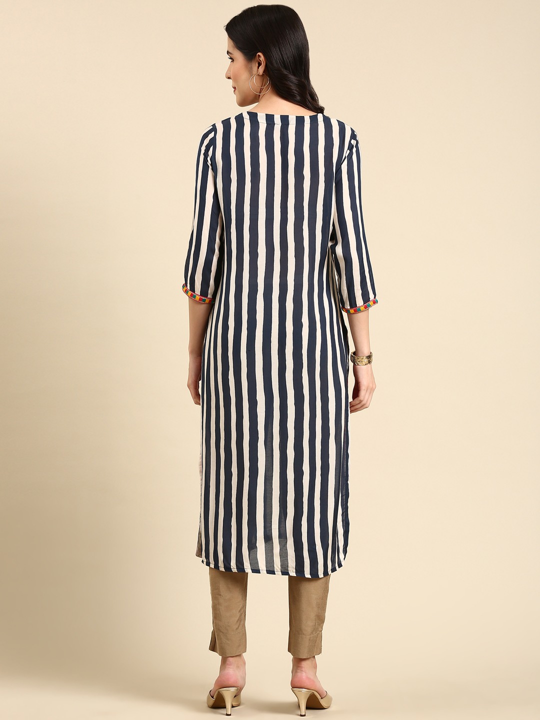 SHOWOFF Women's Mid Length Striped Straight Navy Blue Kurta