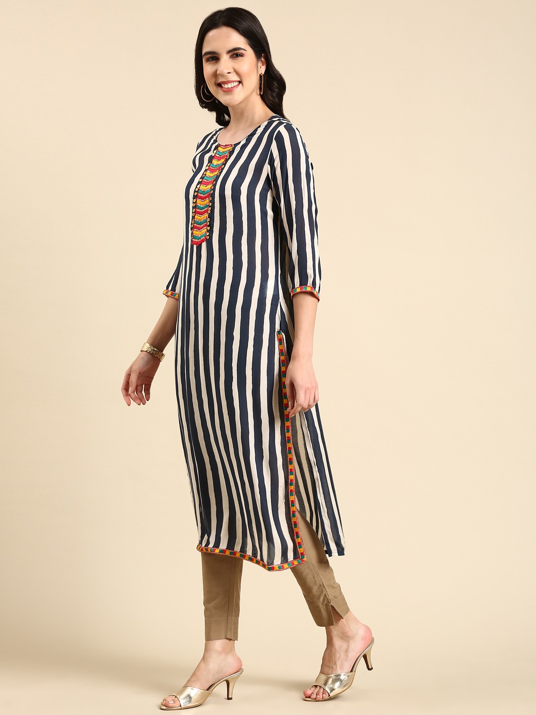 SHOWOFF Women's Mid Length Striped Straight Navy Blue Kurta