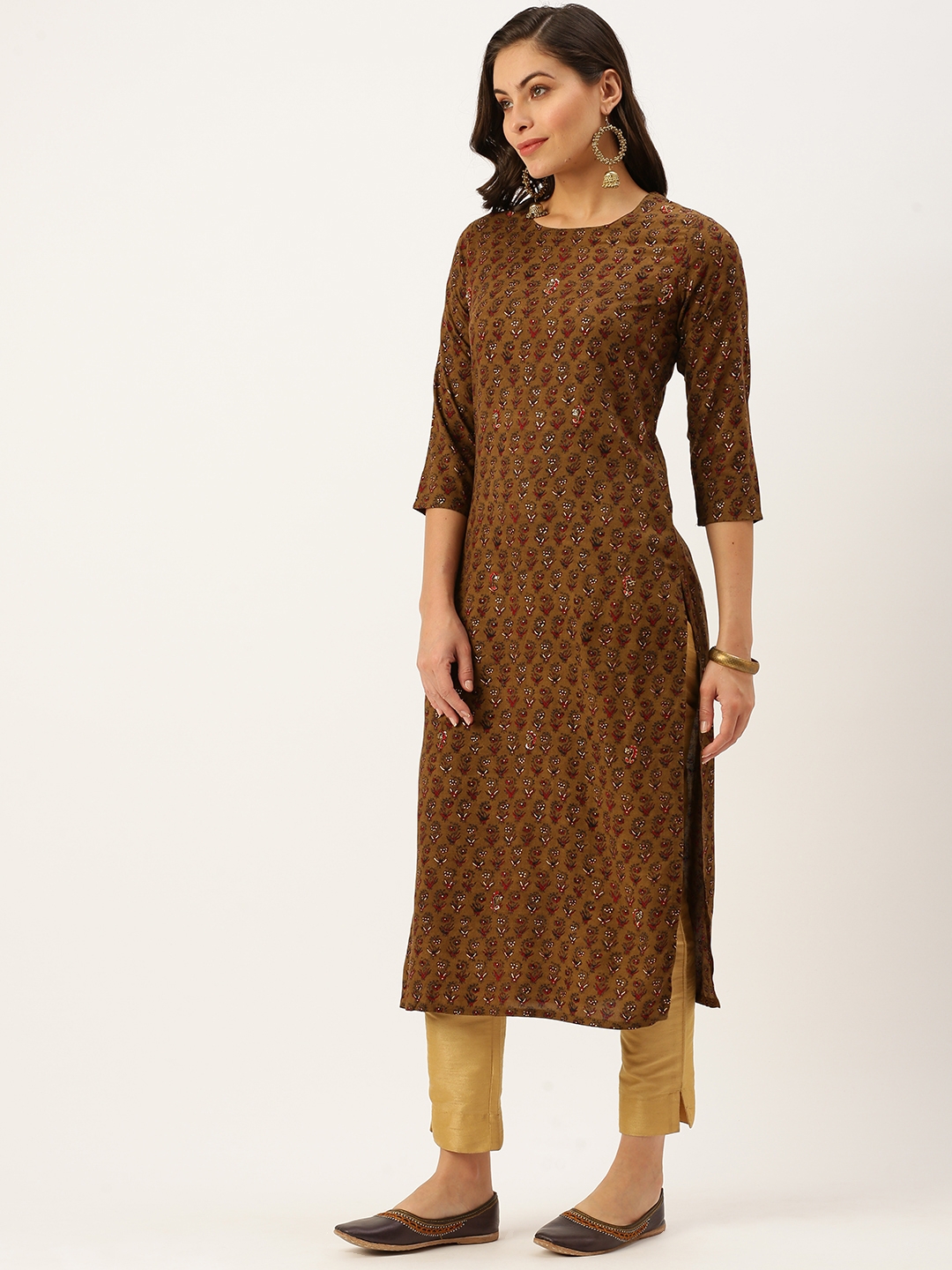 Showoff | SHOWOFF Women Brown Embellished Round Neck Three-Quarter Sleeves Mid Length Straight Kurta 2