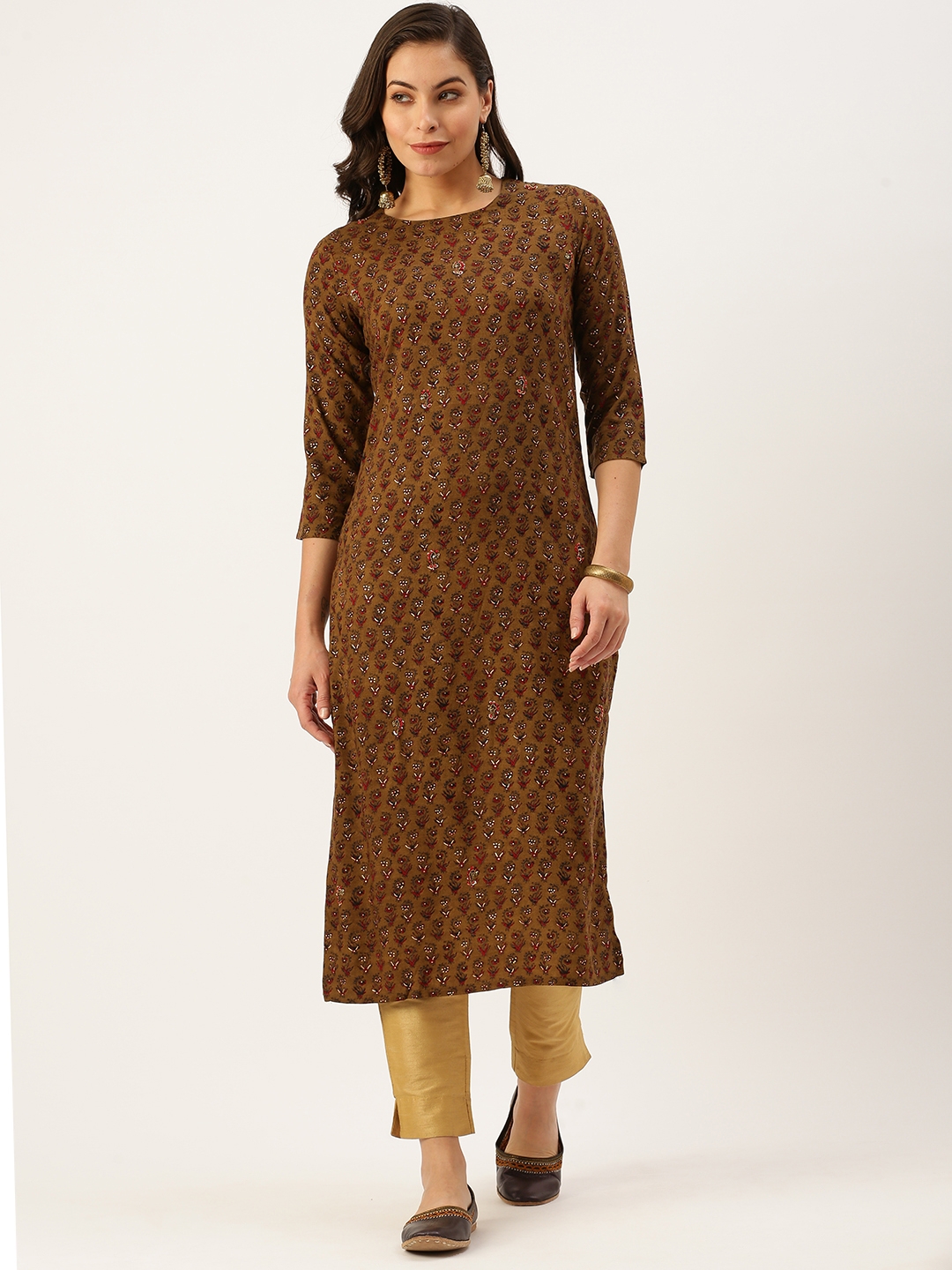 Showoff | SHOWOFF Women Brown Embellished Round Neck Three-Quarter Sleeves Mid Length Straight Kurta 1