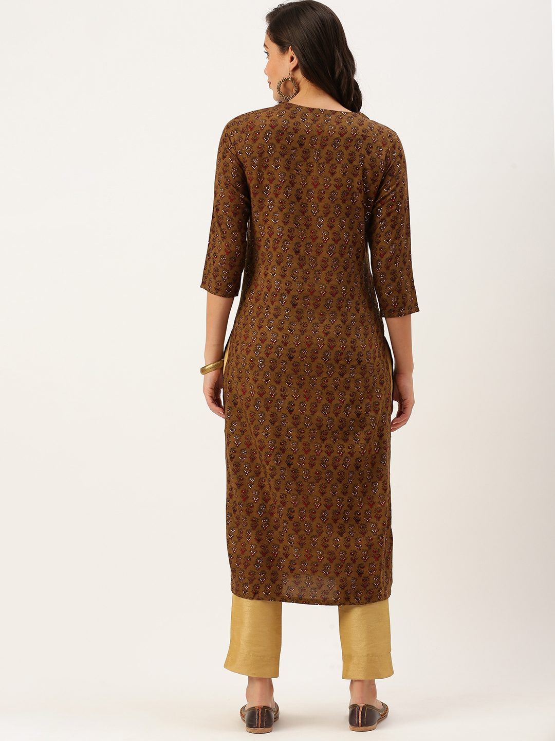 Showoff | SHOWOFF Women Brown Embellished Round Neck Three-Quarter Sleeves Mid Length Straight Kurta 3
