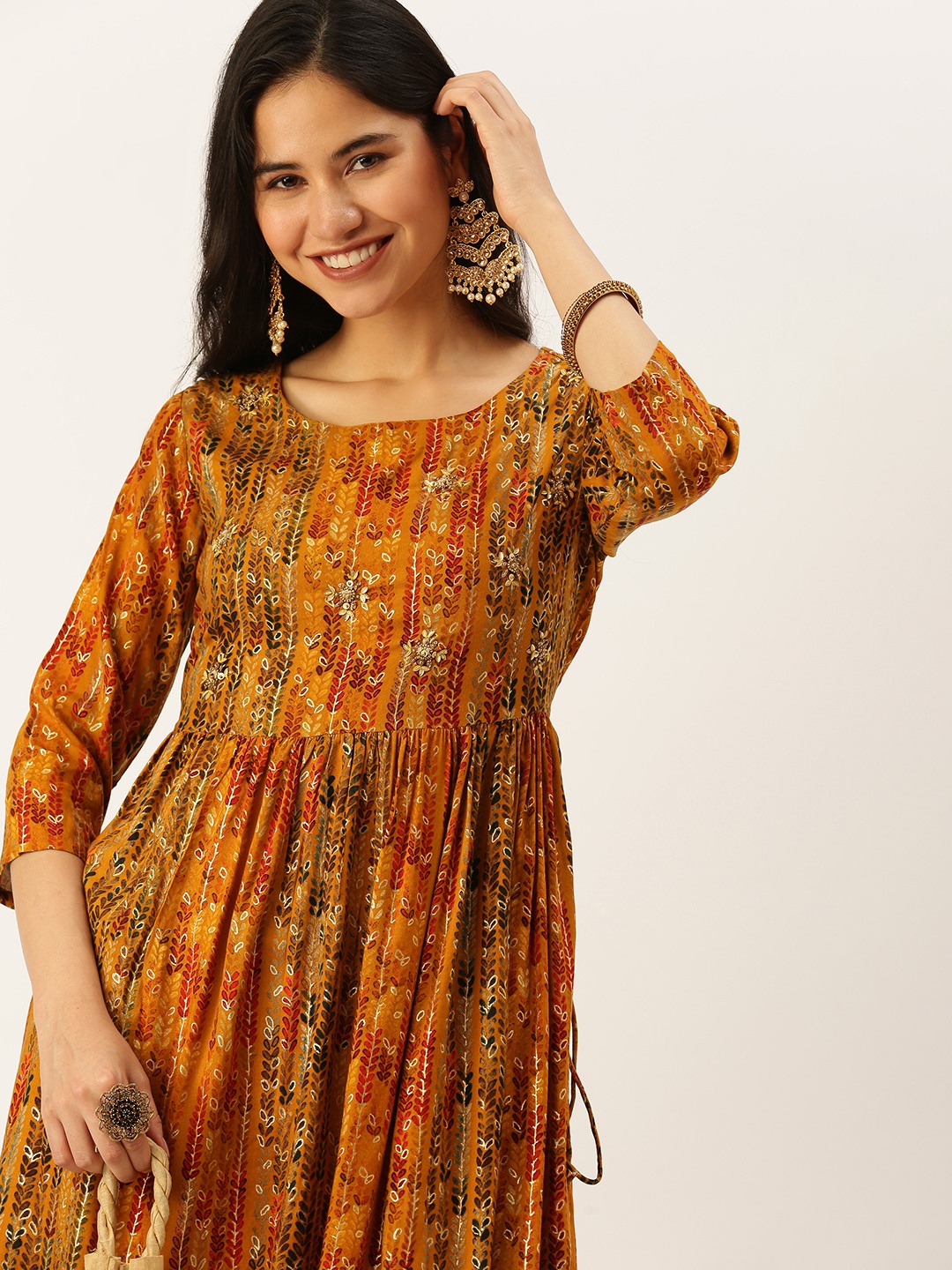 Showoff | SHOWOFF Women Mustard Ethnic Motifs Round Neck Three-Quarter Sleeves Mid Length A-Line Kurta 0