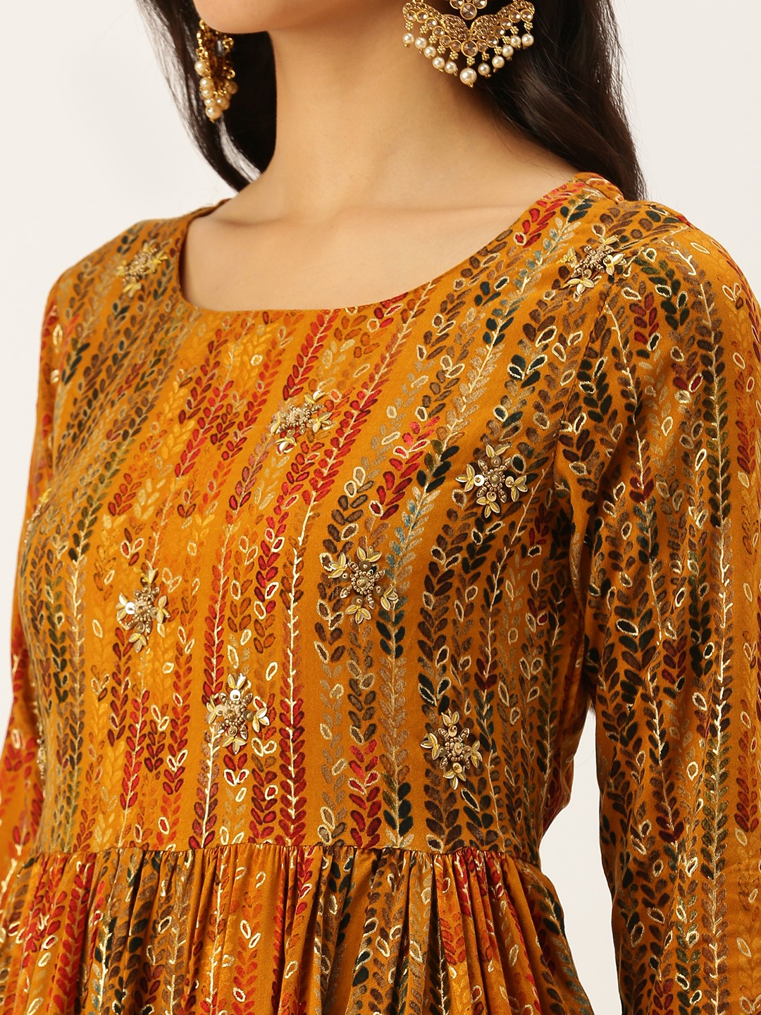 Showoff | SHOWOFF Women Mustard Ethnic Motifs Round Neck Three-Quarter Sleeves Mid Length A-Line Kurta 5