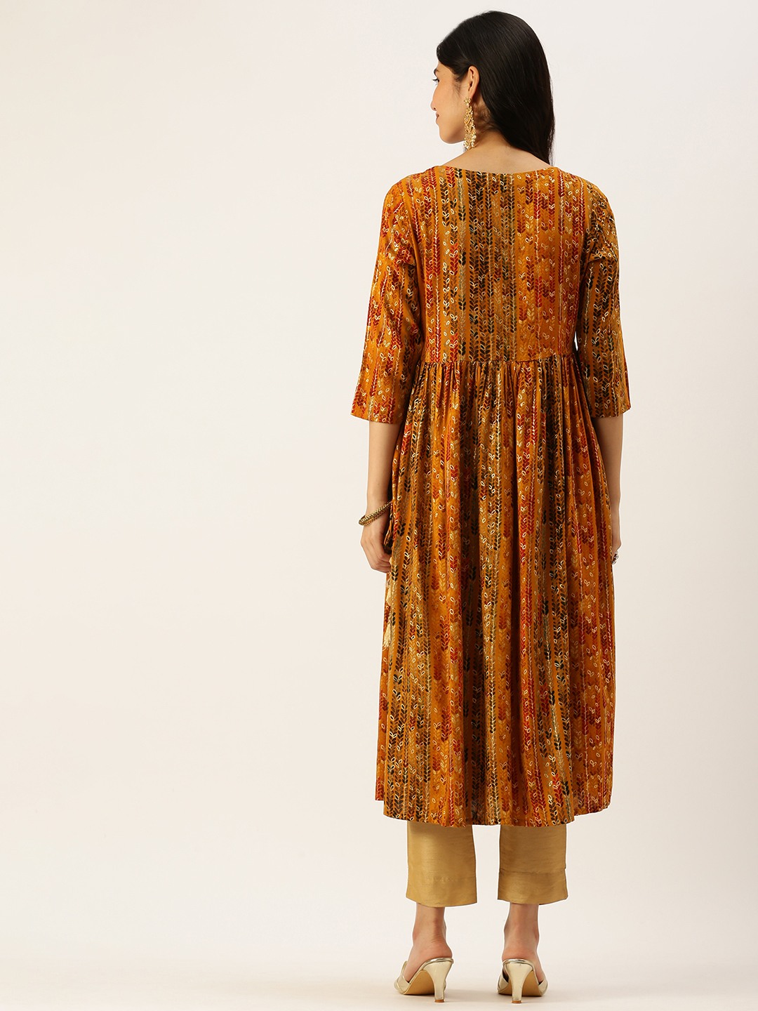 Showoff | SHOWOFF Women Mustard Ethnic Motifs Round Neck Three-Quarter Sleeves Mid Length A-Line Kurta 3