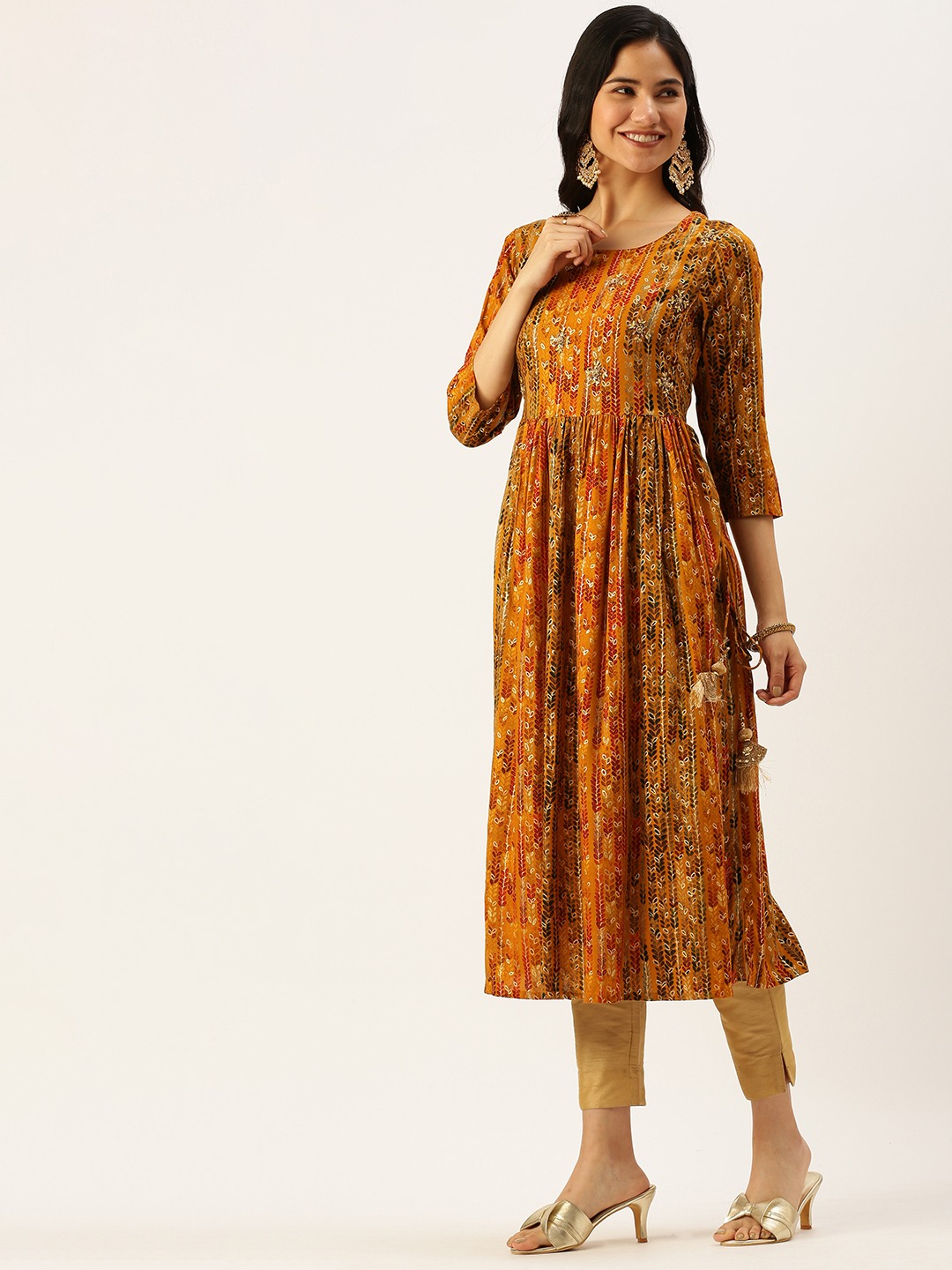 Showoff | SHOWOFF Women Mustard Ethnic Motifs Round Neck Three-Quarter Sleeves Mid Length A-Line Kurta 2