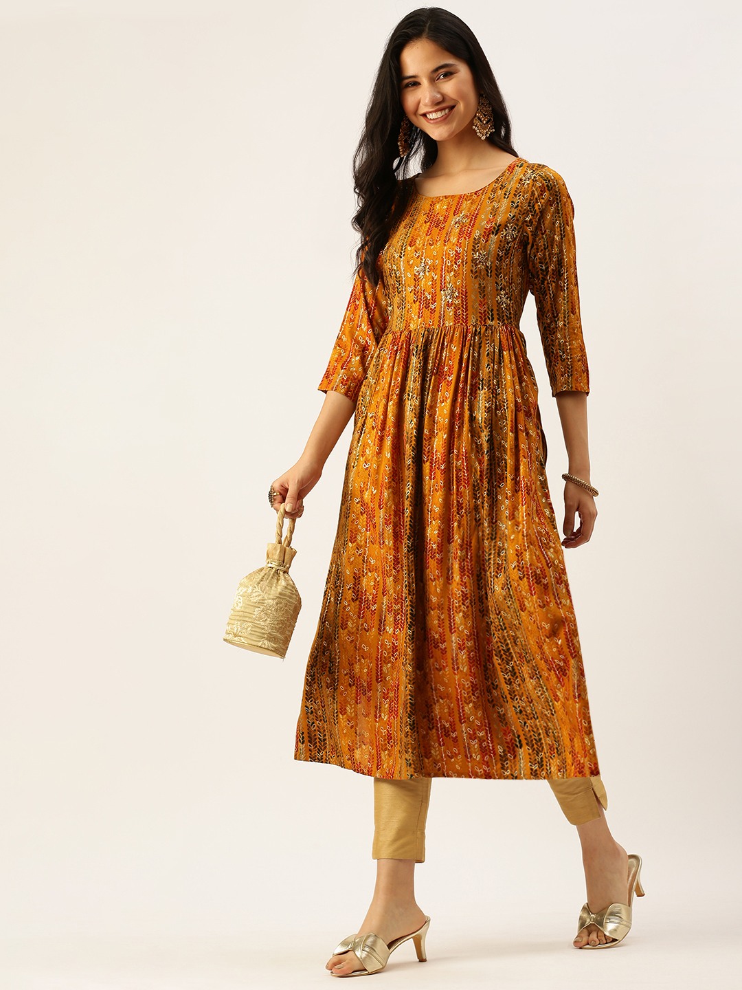 Showoff | SHOWOFF Women Mustard Ethnic Motifs Round Neck Three-Quarter Sleeves Mid Length A-Line Kurta 4