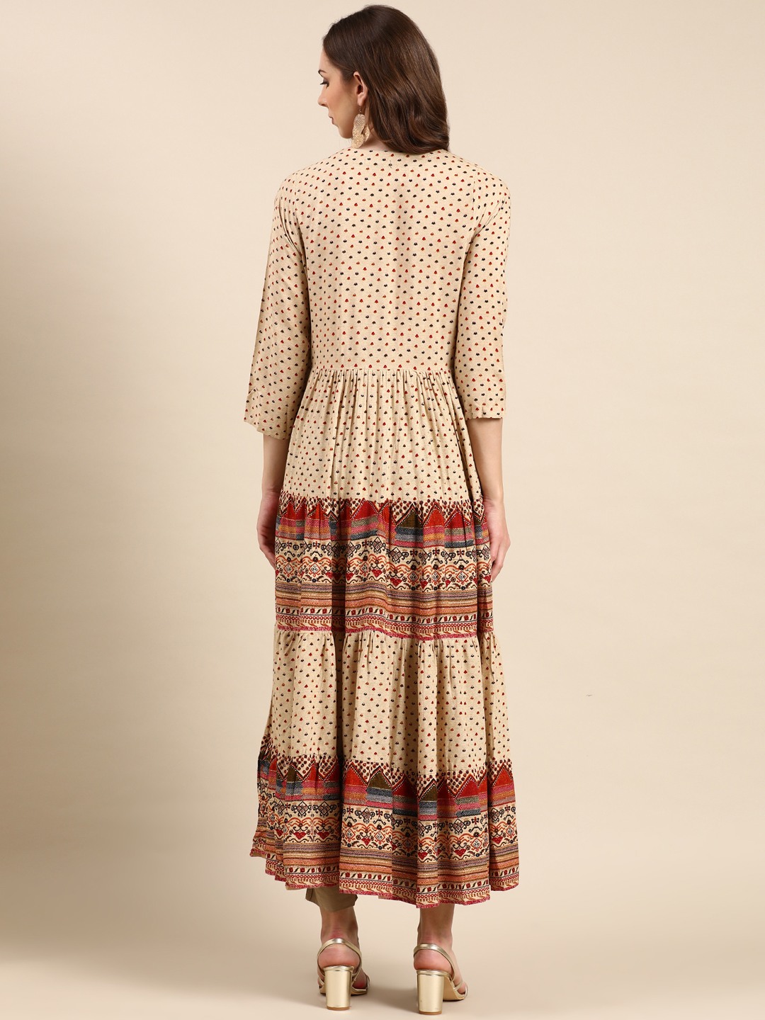 SHOWOFF Women's Ankle Length Ethnic Motifs Anarkali Beige Kurta
