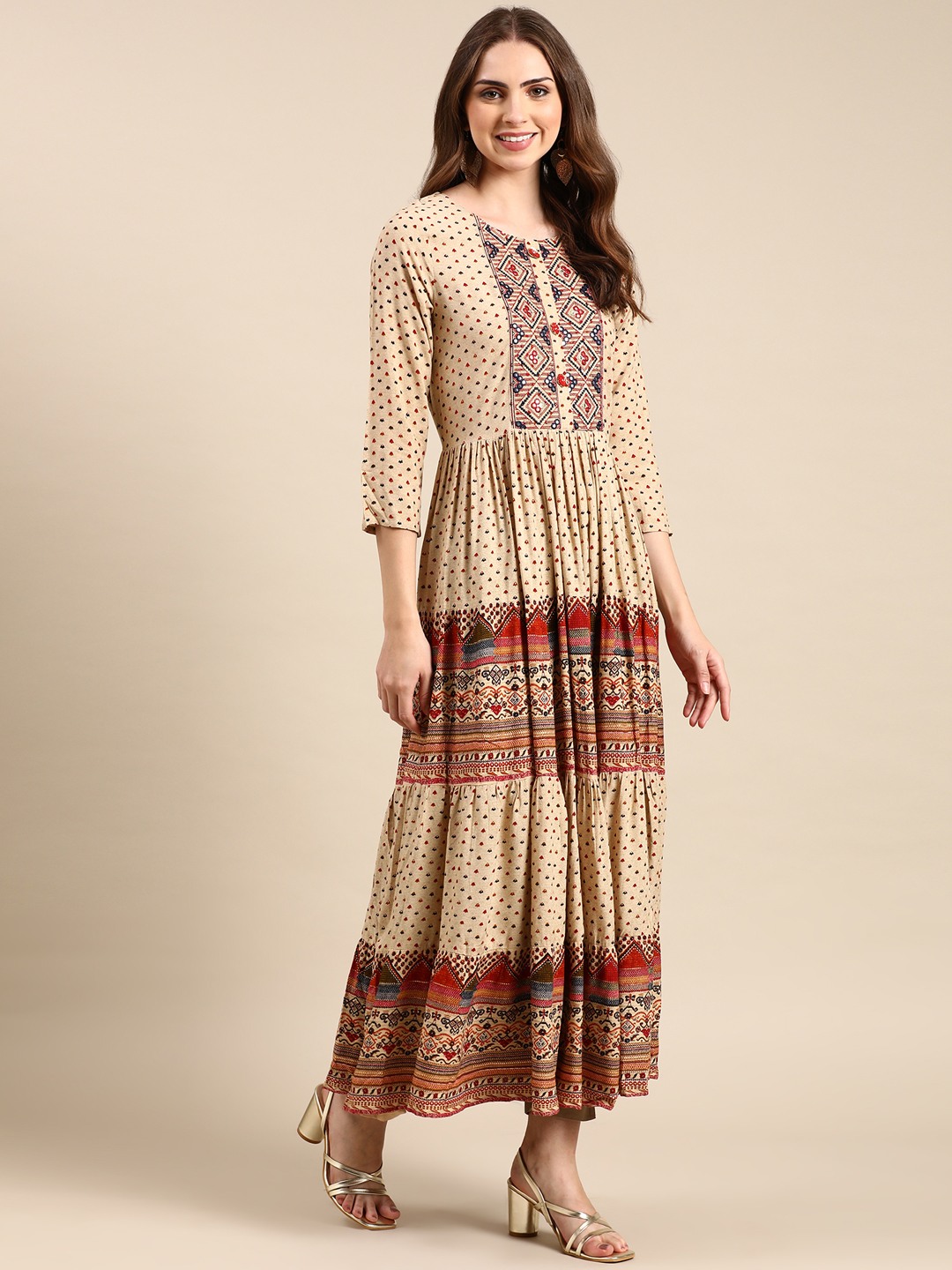 SHOWOFF Women's Ankle Length Ethnic Motifs Anarkali Beige Kurta