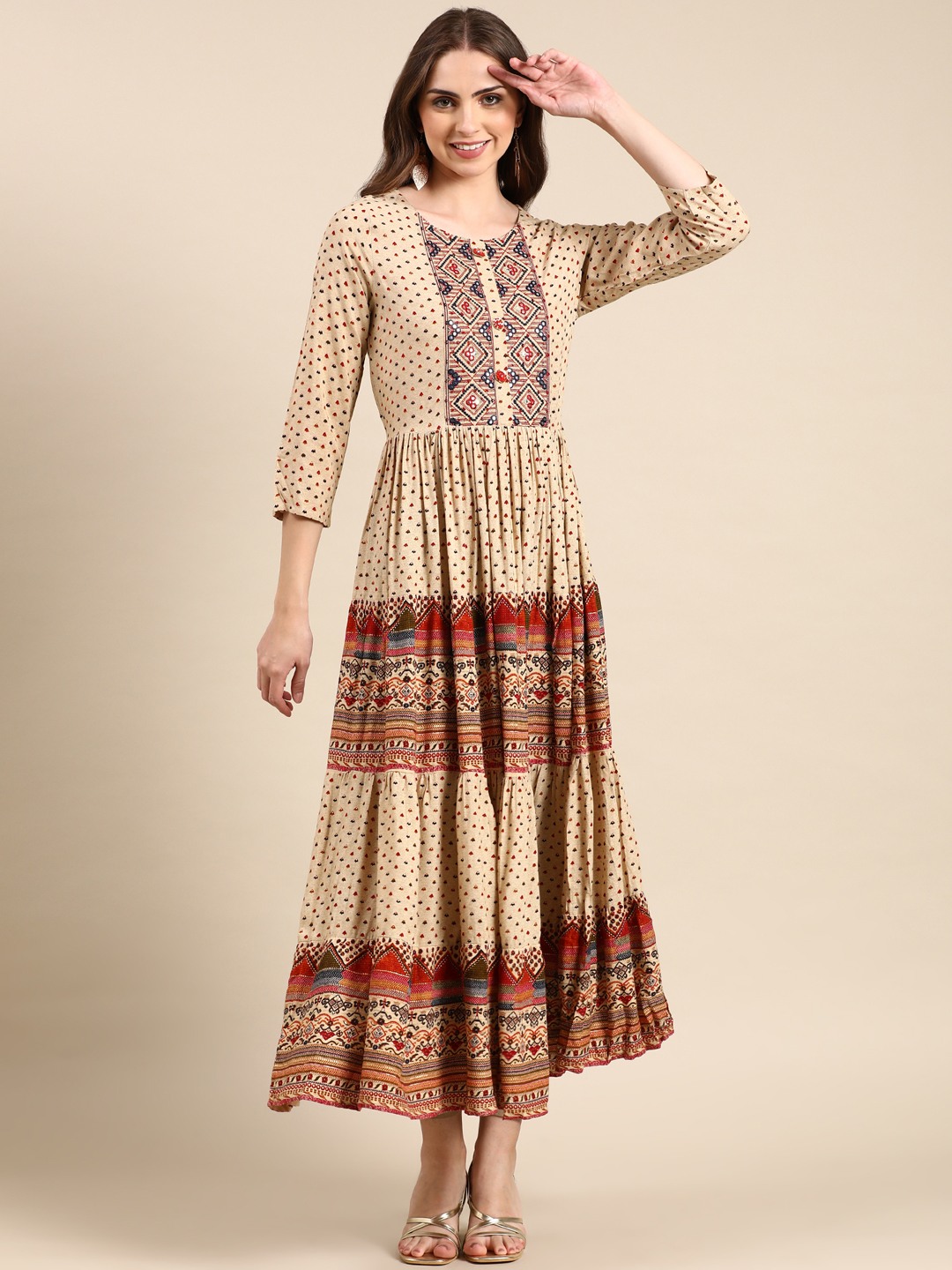SHOWOFF Women's Ankle Length Ethnic Motifs Anarkali Beige Kurta