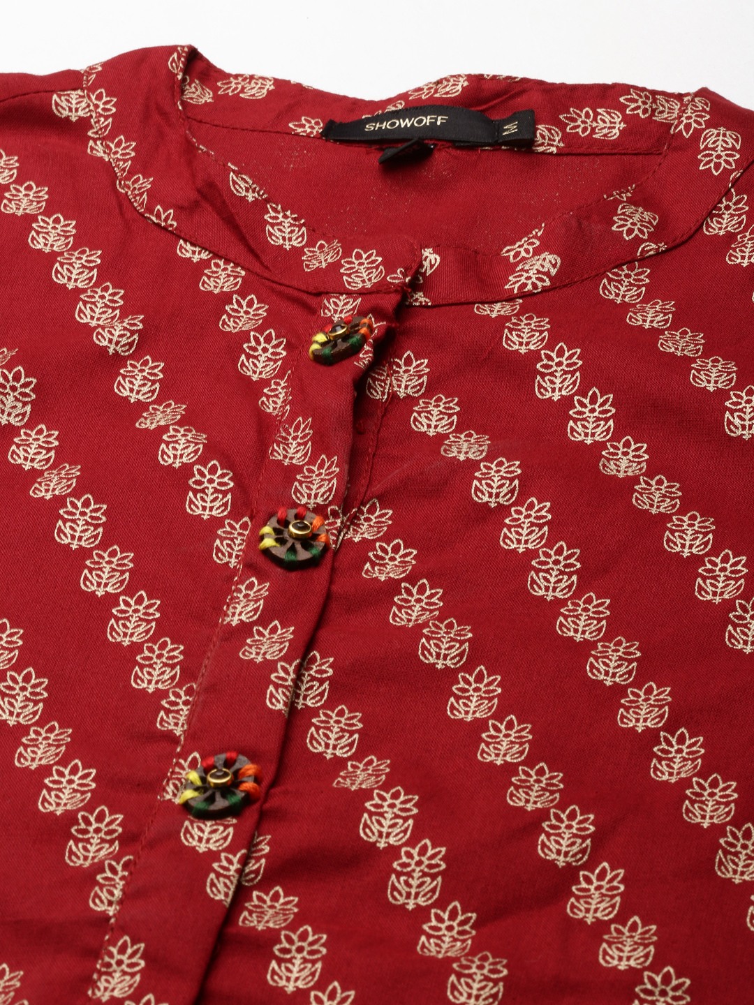 SHOWOFF Women's Mandarin Collar Ethnic Motifs Maroon Straight Kurta