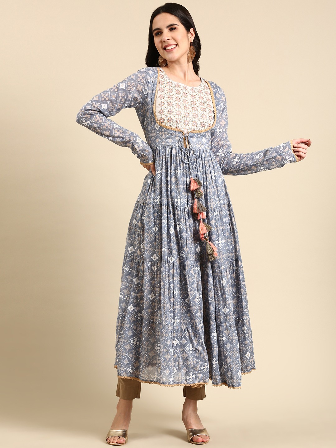 SHOWOFF Women's Ankle Length Ethnic Motifs Anarkali Blue Kurta