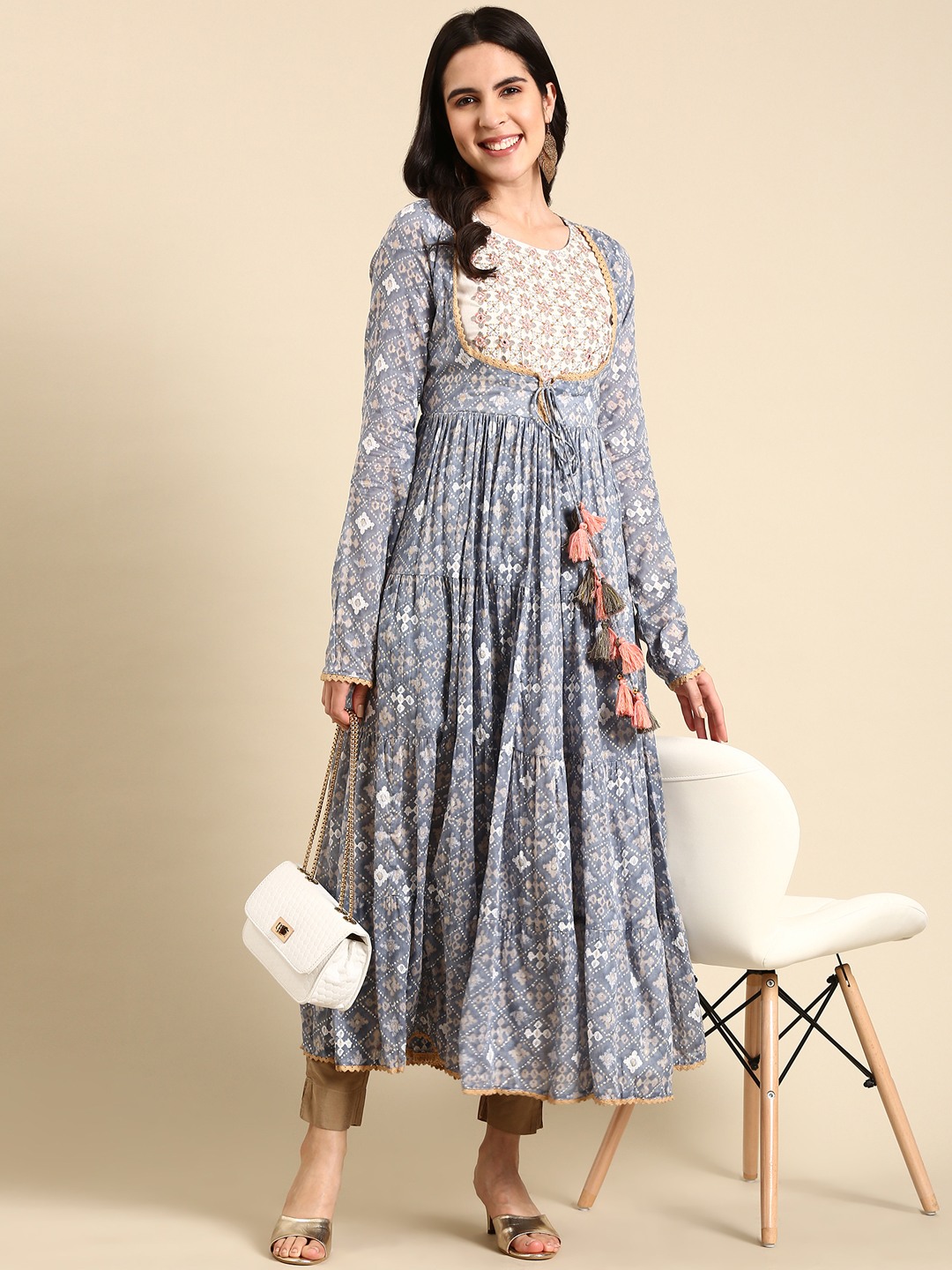 SHOWOFF Women's Ankle Length Ethnic Motifs Anarkali Blue Kurta