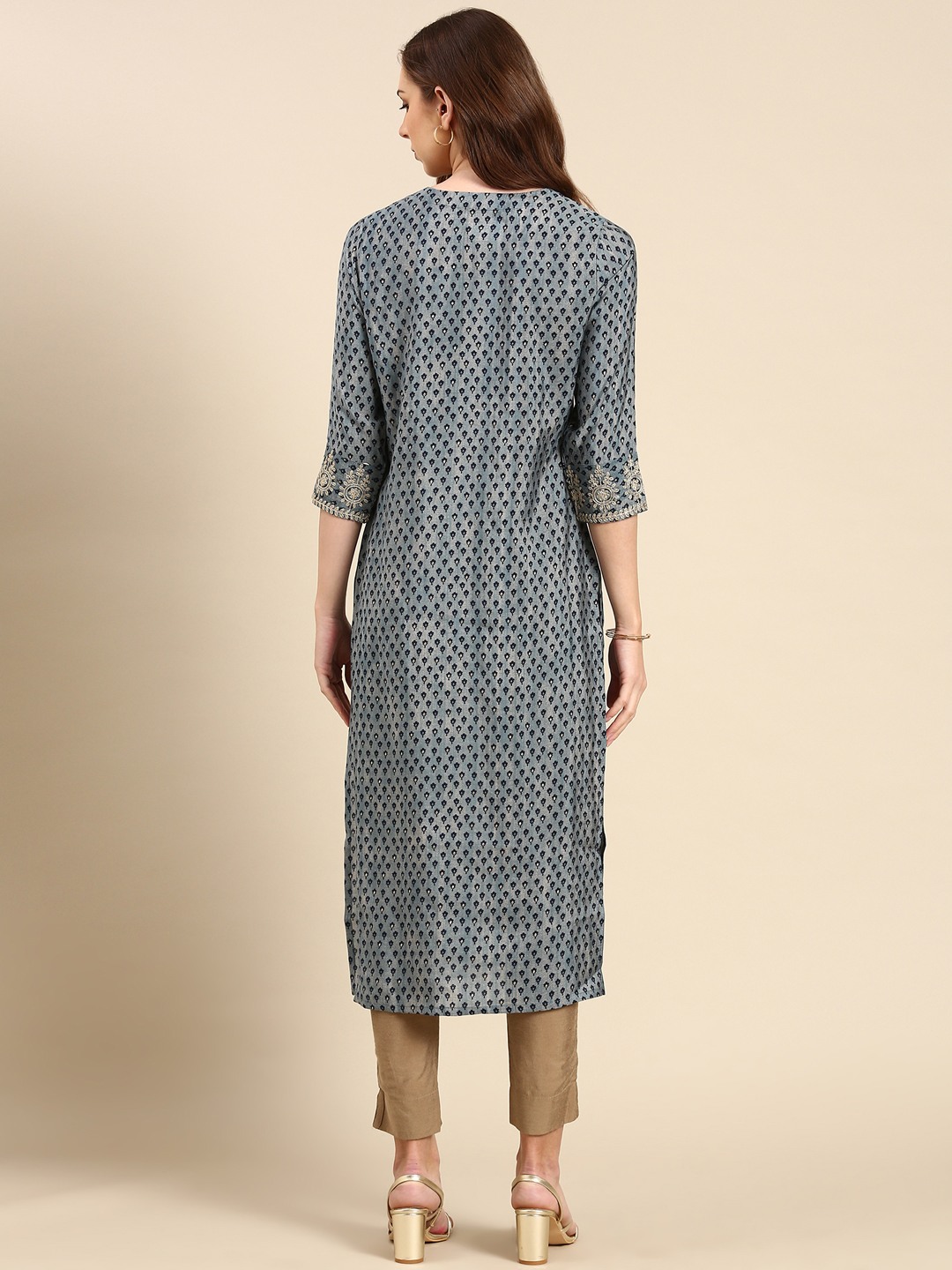 SHOWOFF Women's Mid Length Ethnic Motifs Straight Blue Kurta