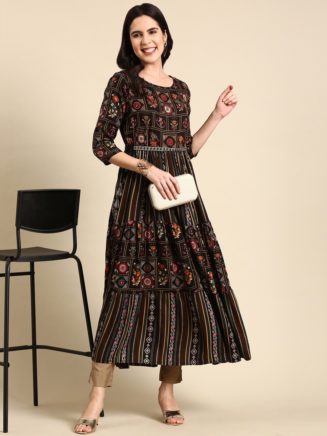 SHOWOFF Women's Ankle Length Ethnic Motifs Anarkali Black Kurta