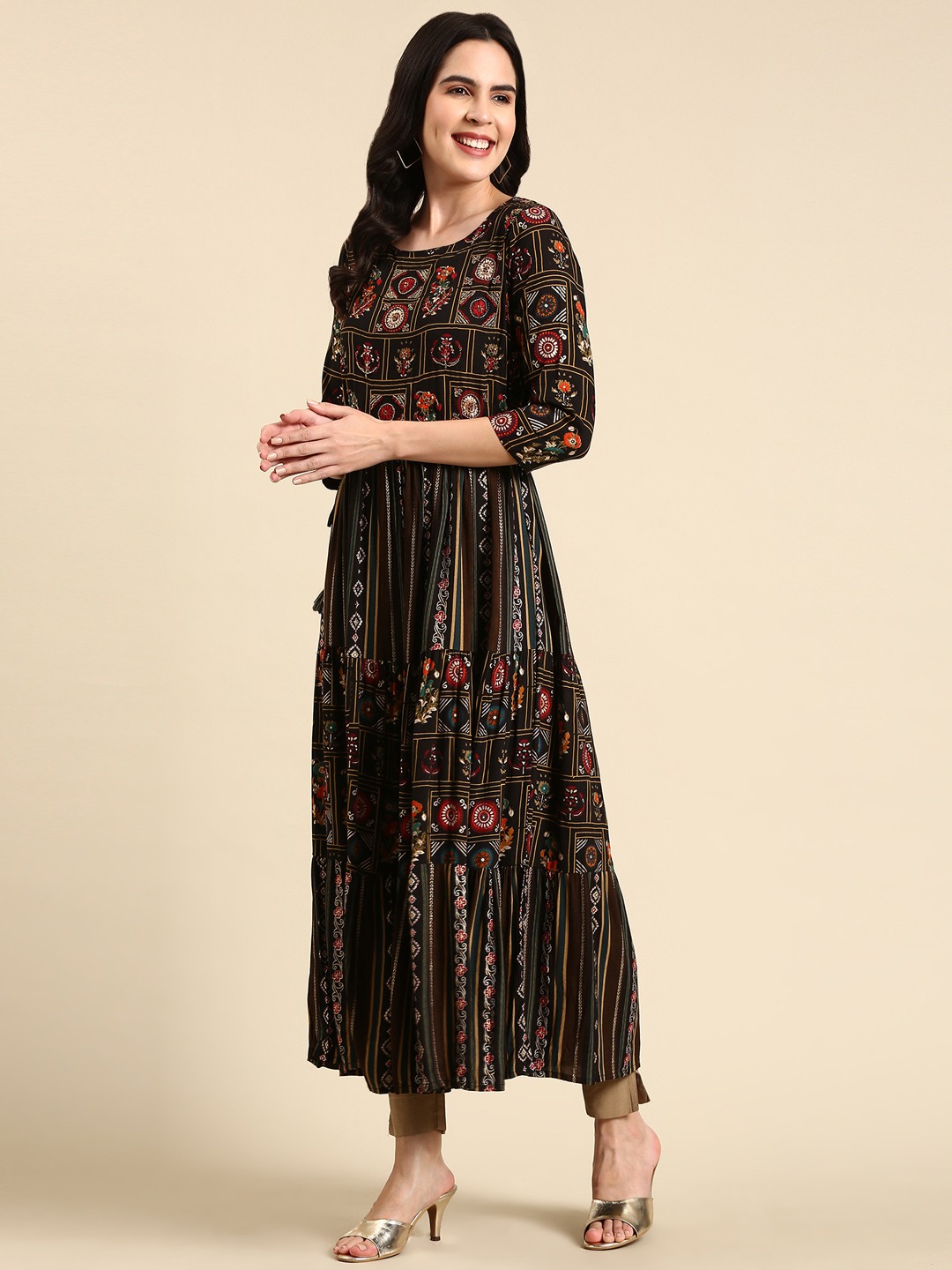 SHOWOFF Women's Ankle Length Ethnic Motifs Anarkali Black Kurta