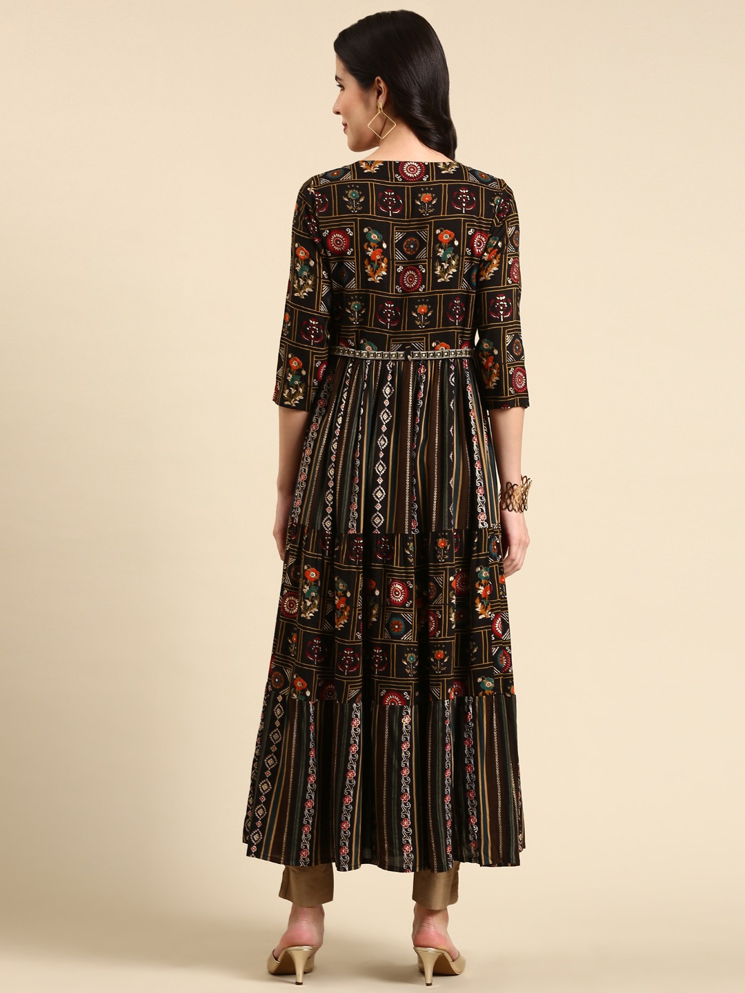 SHOWOFF Women's Ankle Length Ethnic Motifs Anarkali Black Kurta