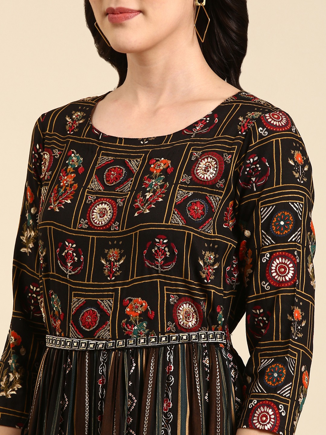 SHOWOFF Women's Ankle Length Ethnic Motifs Anarkali Black Kurta