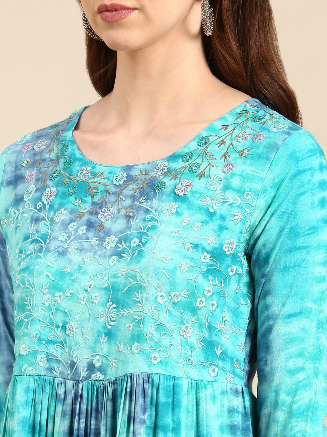SHOWOFF Women's Knee Length Abstract Anarkali Turquoise Blue Kurta