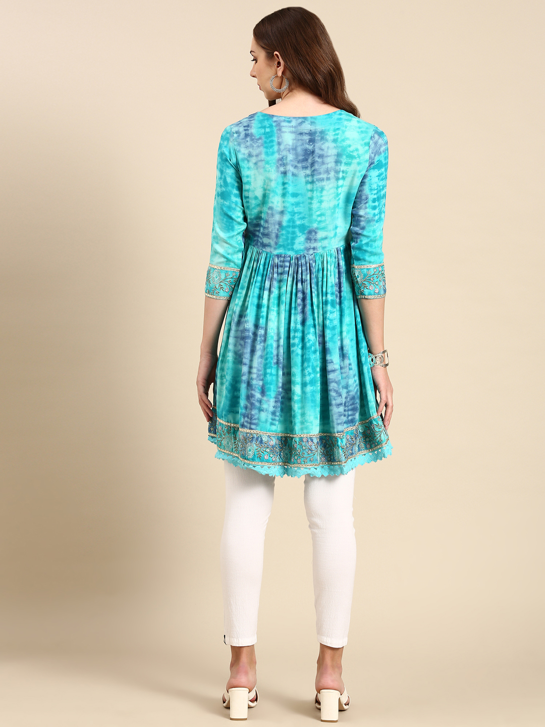 SHOWOFF Women's Knee Length Abstract Anarkali Turquoise Blue Kurta