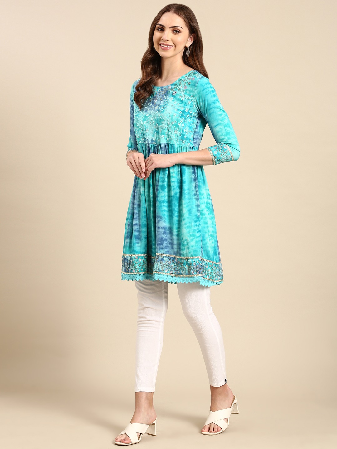 SHOWOFF Women's Knee Length Abstract Anarkali Turquoise Blue Kurta