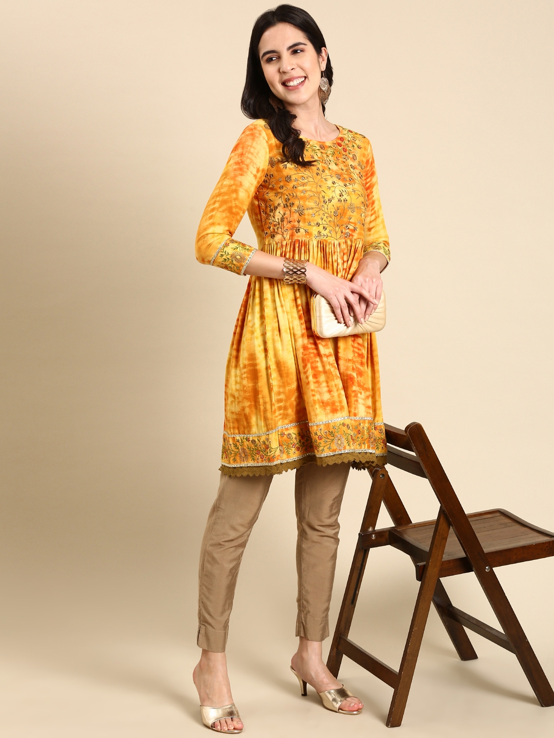 Showoff | SHOWOFF Women's Above Knee Embellished Anarkali Mustard Kurti 6