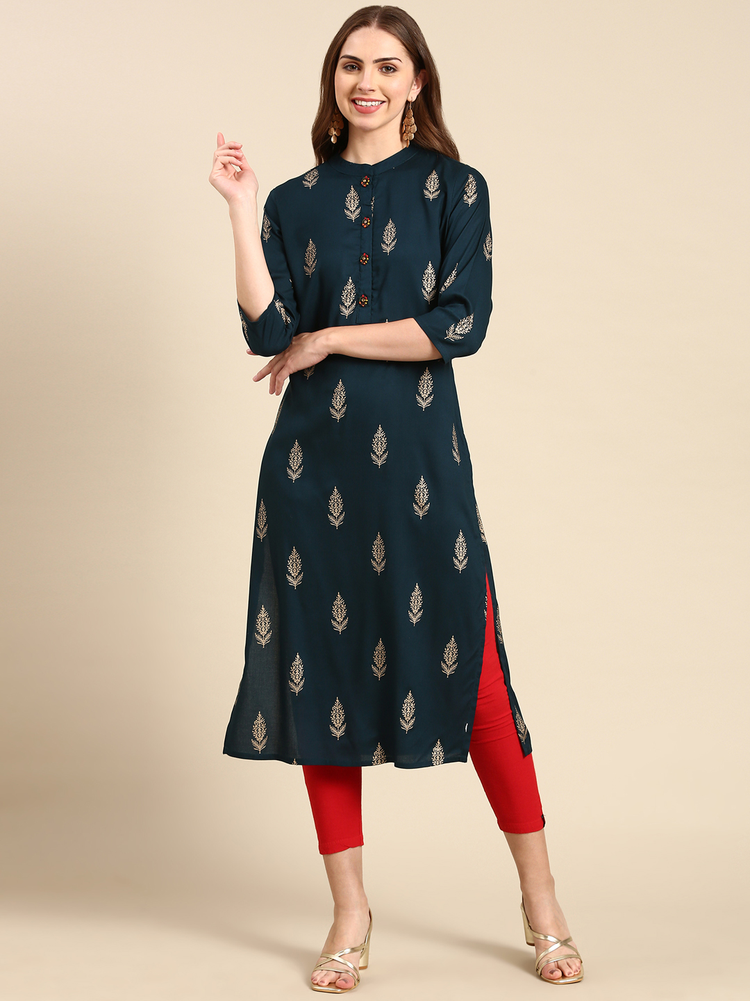 SHOWOFF Women's Mandarin Collar Ethnic Motifs Teal Straight Kurta