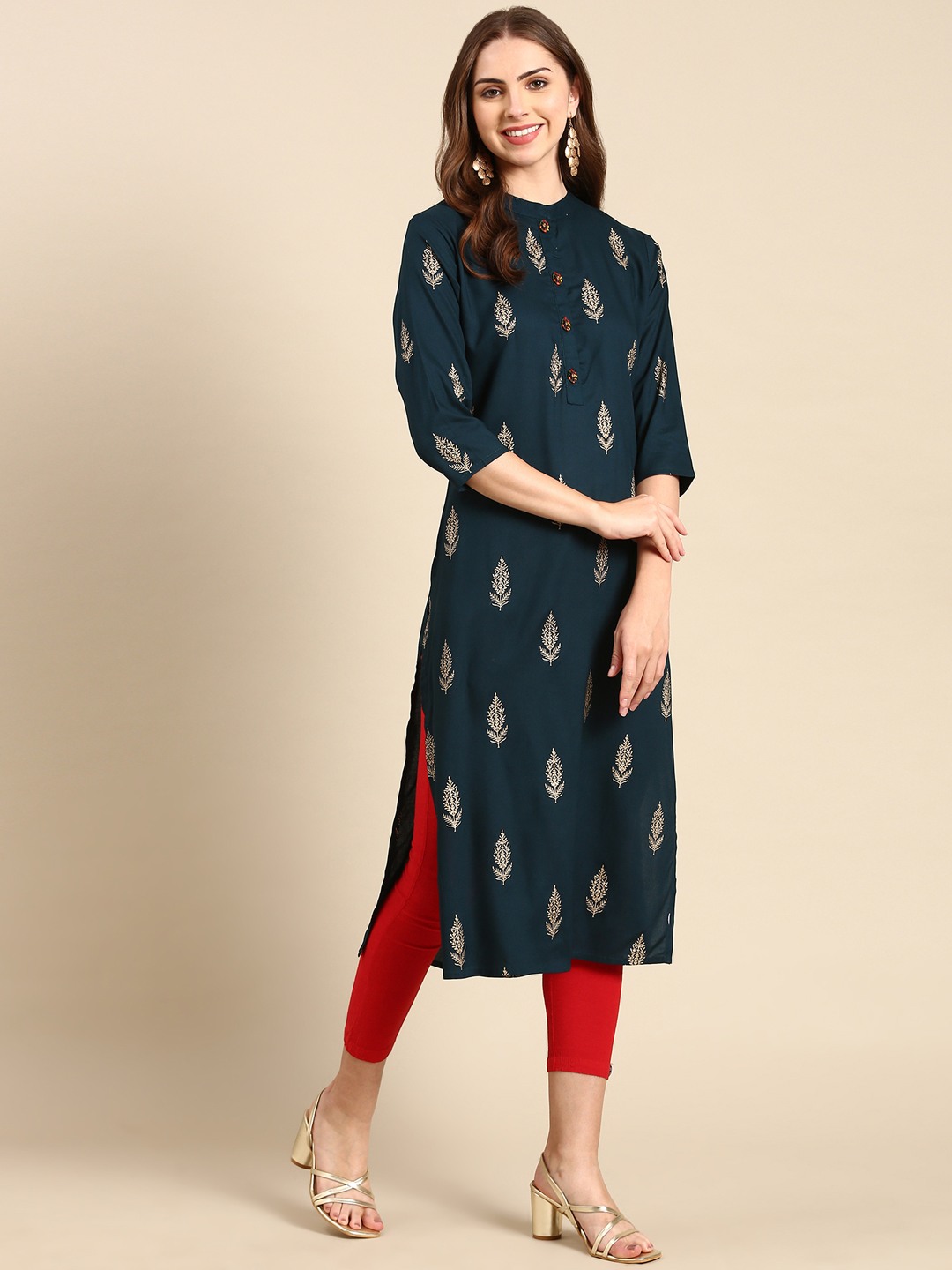 SHOWOFF Women's Mandarin Collar Ethnic Motifs Teal Straight Kurta